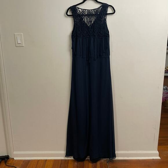 Calypso St. Barth M summer maxi dress navy blue lace rope fringe lined silk - Picture 5 of 7